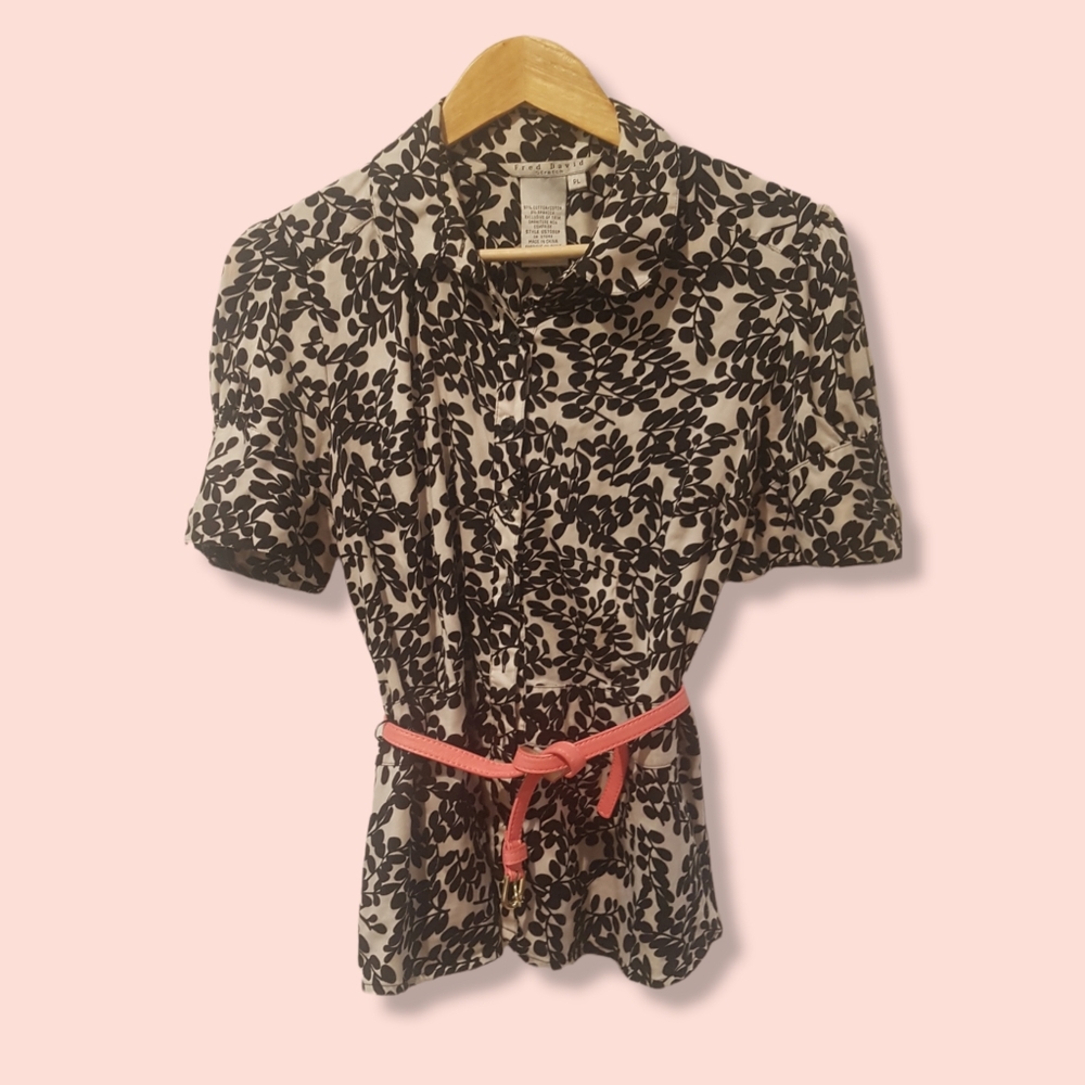 Black and white floral print cotton blouse size petite large